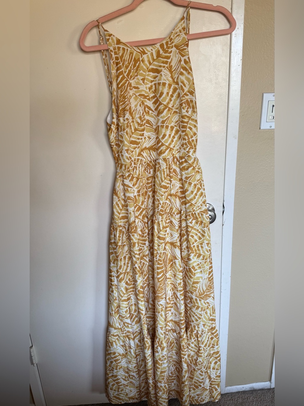 Indikah Yellow Leaf-Print Maxi Dress